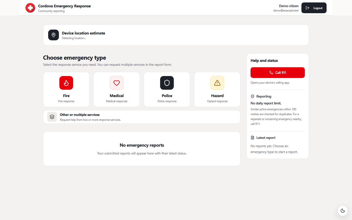 Citizen dashboard preview with synthetic demonstration data